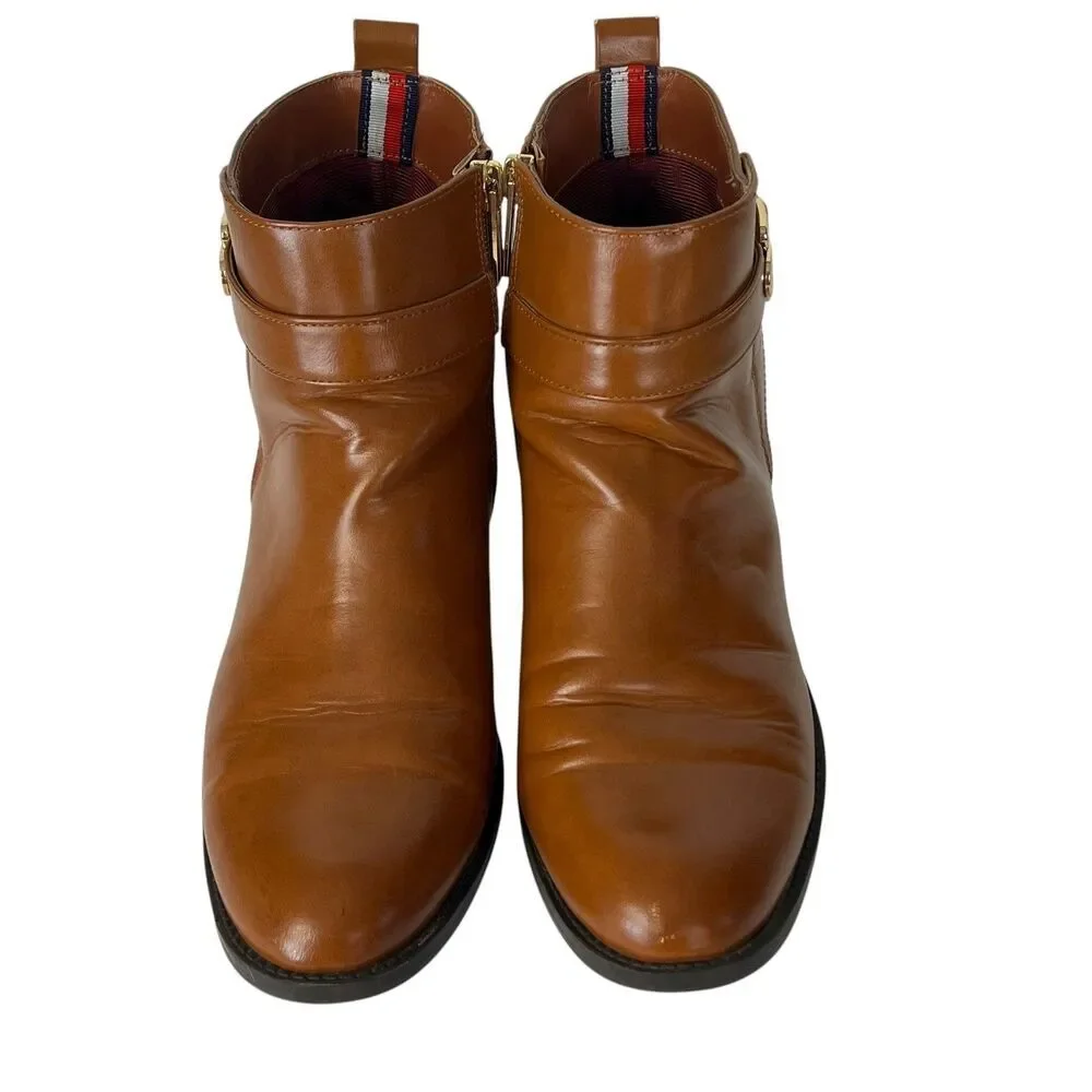 Tommy Hilfiger Women Brown Ankle Boots Side Zip Buckle‎ Detail Size 8.5M